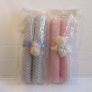 2 Pair, 6" Bees Wax Candles, Decorated, Pink, Light Mauve, Organic, Local